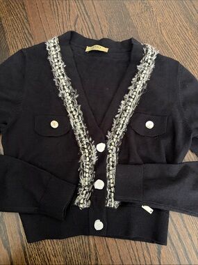 Black Tweed-Trim Women's Cardigan Sweater